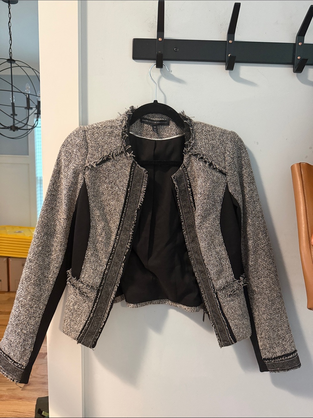 White House Black Market Black and White Tweed Fringe Jacket